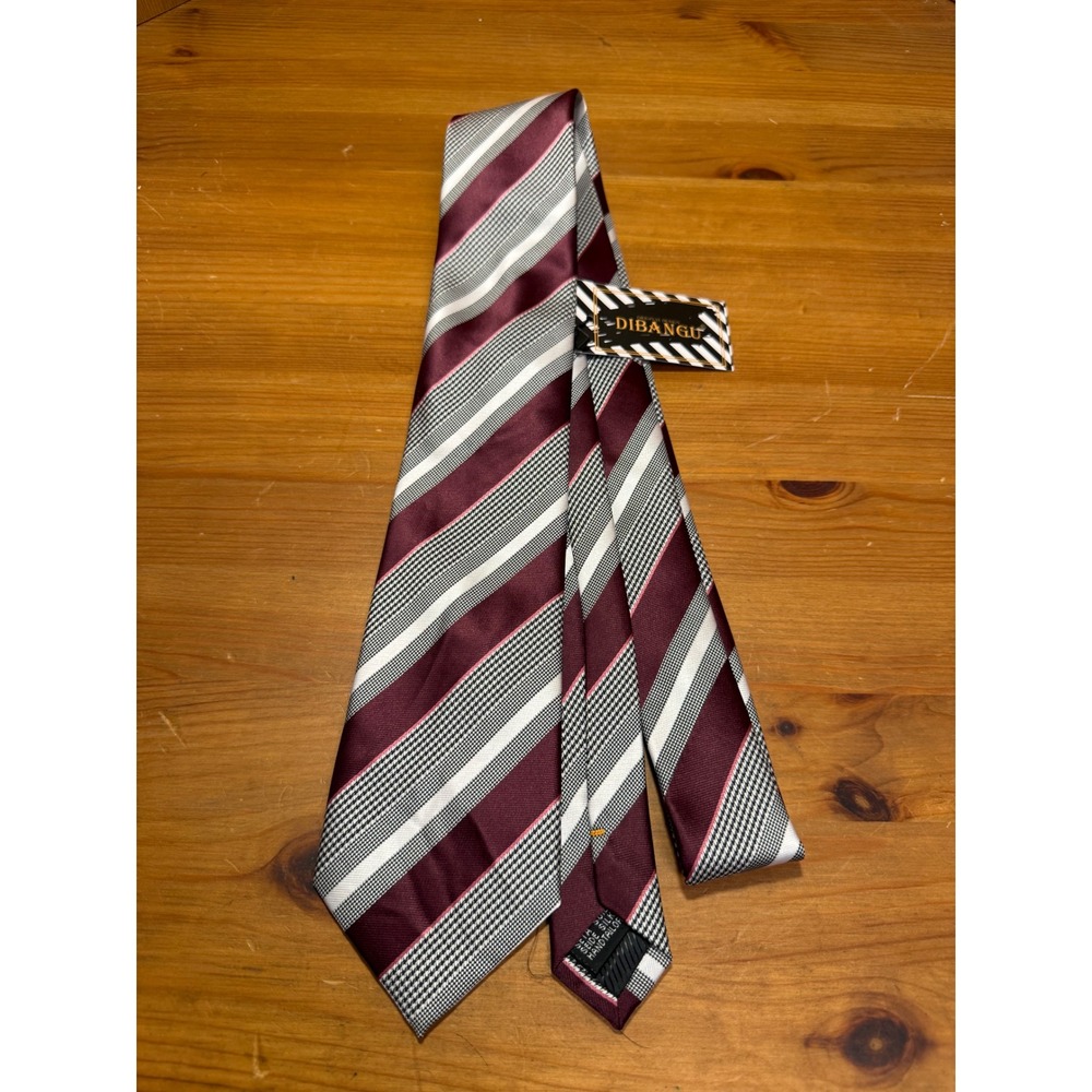 DiBanGu Mens Silk Necktie Burgundy White Black Plaid Striped Hand Tailored New